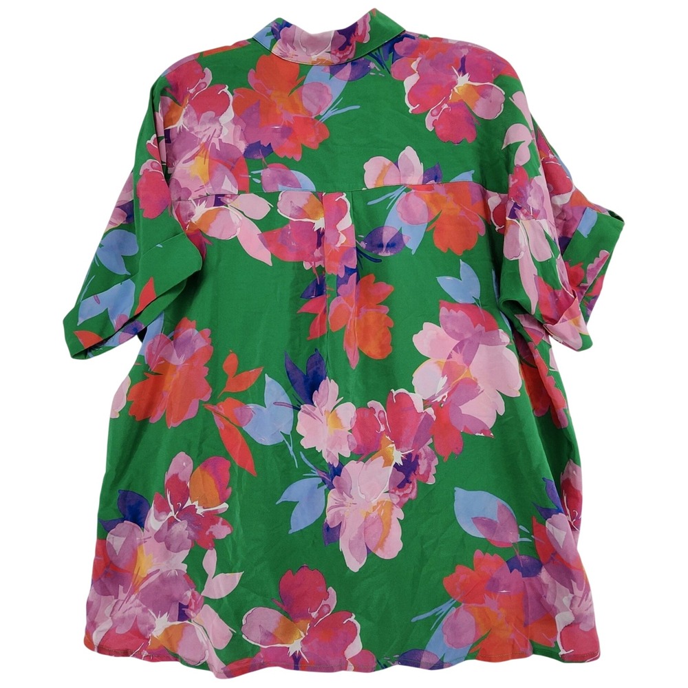 Johnny Was S Green Floral Silk Button Down Shirt Boho Tropical Resort Summer Top